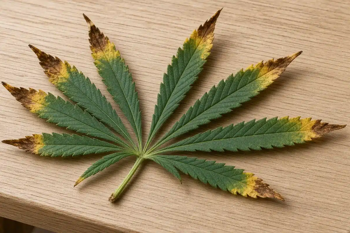 Cannabis leaf with burnt tips from too much feed