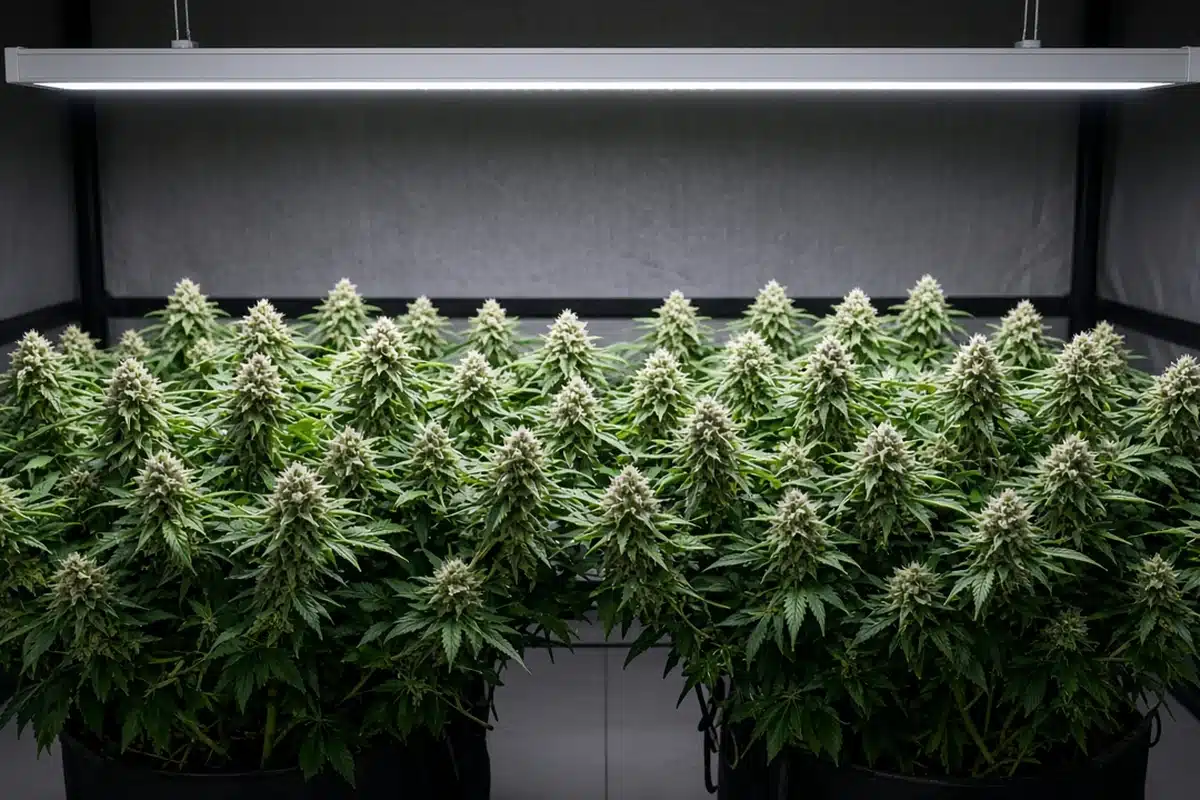 Even cannabis canopy in flower under LED light