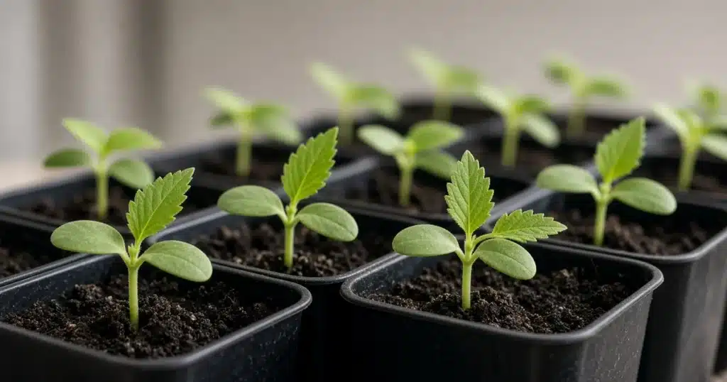Row of young cannabis seedlings with their first jagged true leaves rising from dark soil in small pots