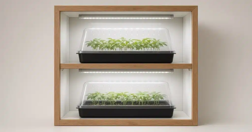 Wooden cloning cabinet with humidity domes over trays of cannabis cuttings under light bars