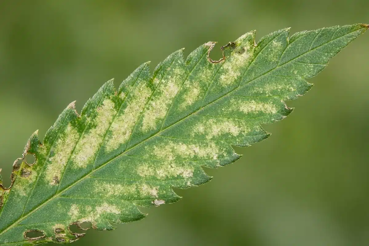 Underside of a cannabis leaf checked for pests