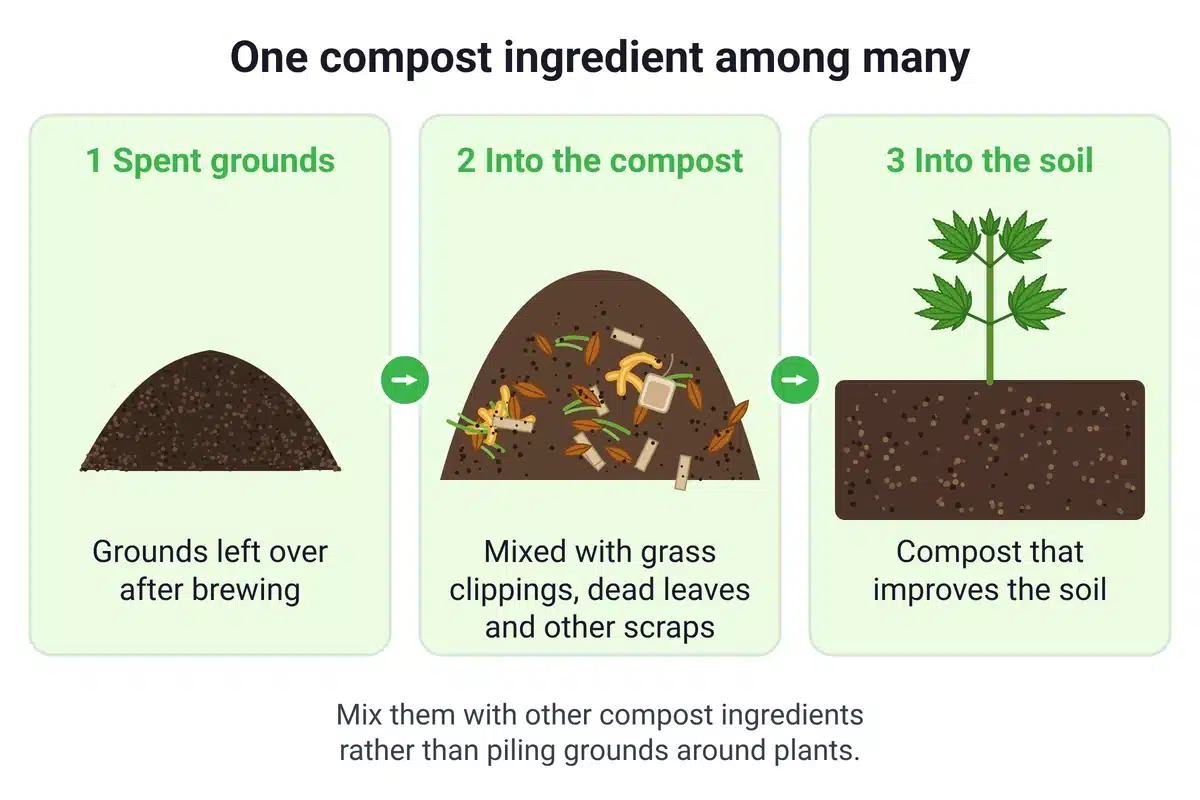 Diagram: spent coffee grounds go into a compost pile with leaves and scraps, then finished compost goes into the soil