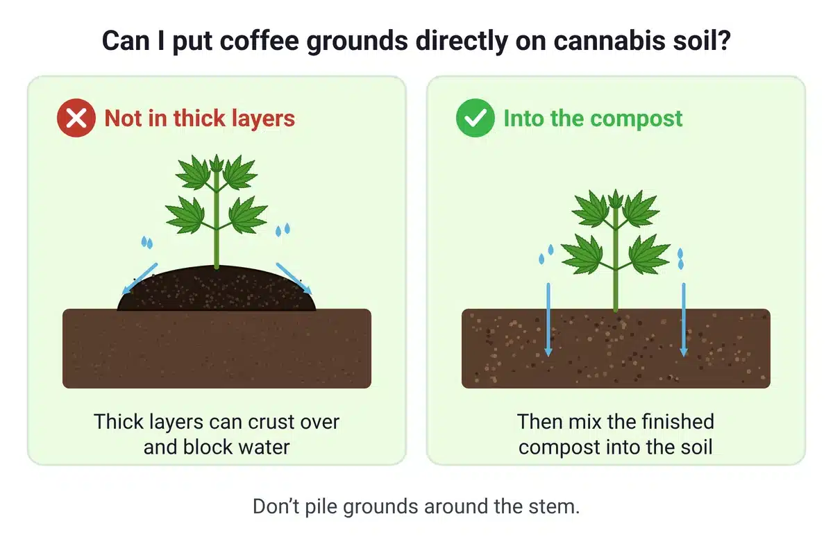 Diagram comparing a thick crust of coffee grounds around a cannabis stem with finished compost mixed into the soil