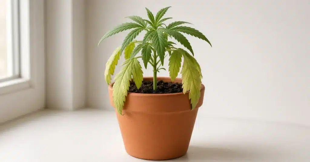 Young cannabis plant showing mild environmental stress on a windowsill