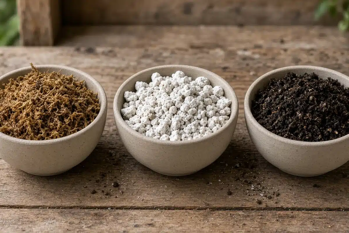 Peat, perlite and compost ready to mix for indoor cannabis