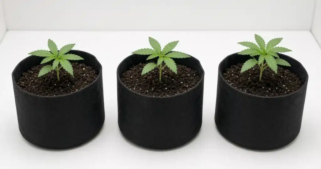 Cannabis seedlings in fabric pots of indoor potting mix