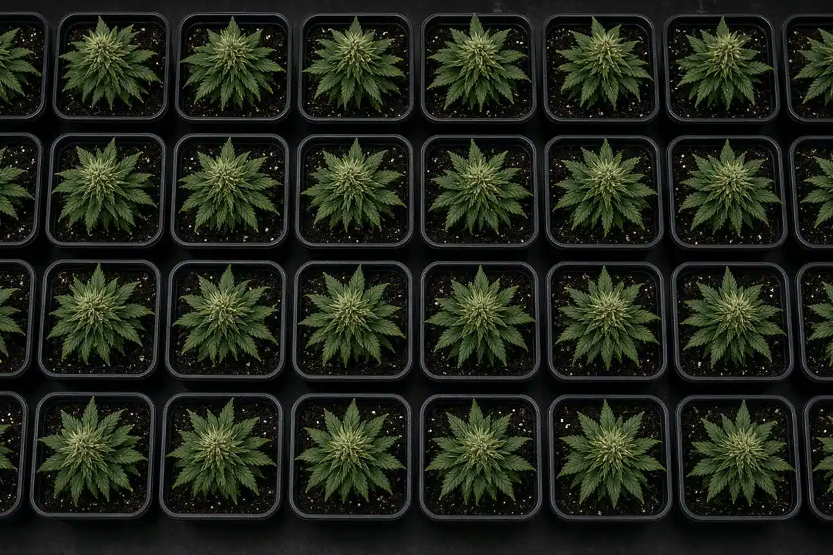 Sea of green grid of short cannabis plants in square pots