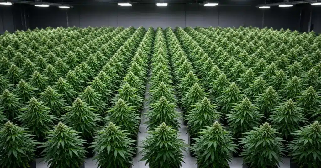 Sea of green cannabis grow with many short plants