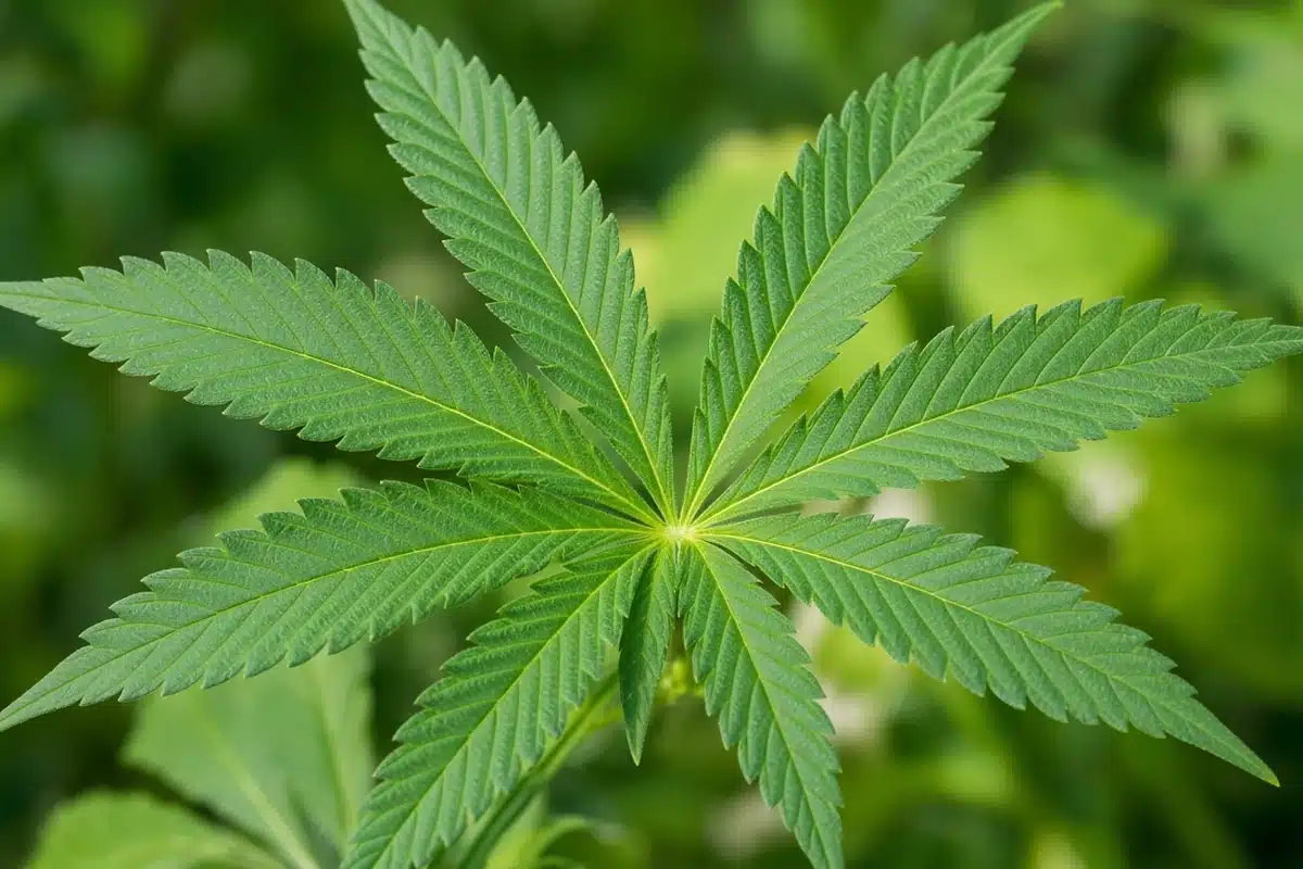 Cannabis fan leaf in bright light where sugars are made