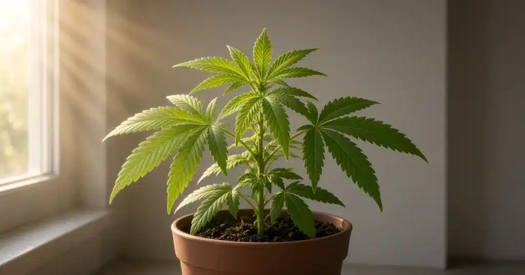 Cannabis plant in sunlight making sugars through photosynthesis