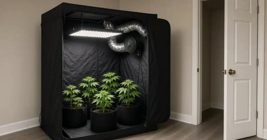 Compact grow tent with an LED light, inline fan and young cannabis plants in a spare bedroom
