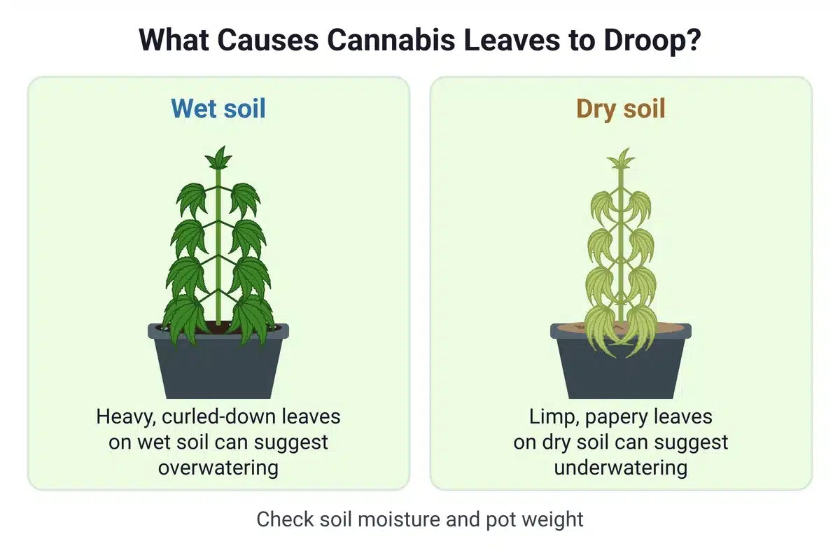 Two drooping cannabis plants in pots, with panels labeled wet soil and dry soil