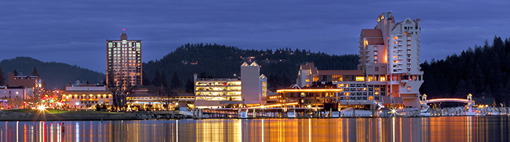 Commercial buildings reflecting over the water in Idaho