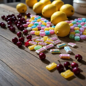 Colorful candies and fresh lemons, cherries.
