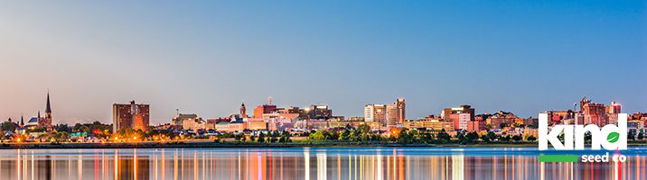 Maine skyline in rainbow over the water with Kind Seed Co logo