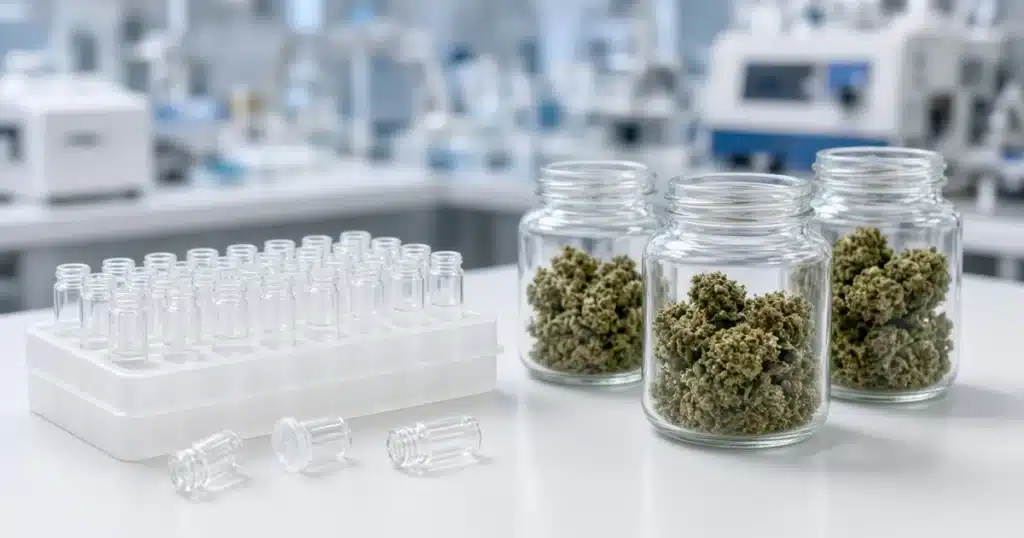 Lab bench with a tray of sample vials and three unlabeled jars of cannabis flower