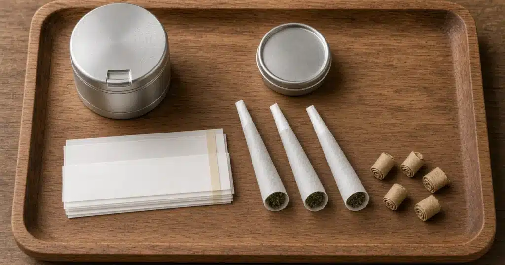 Unbranded rolling papers, cones, filter tips, a grinder and a tin on a wooden tray