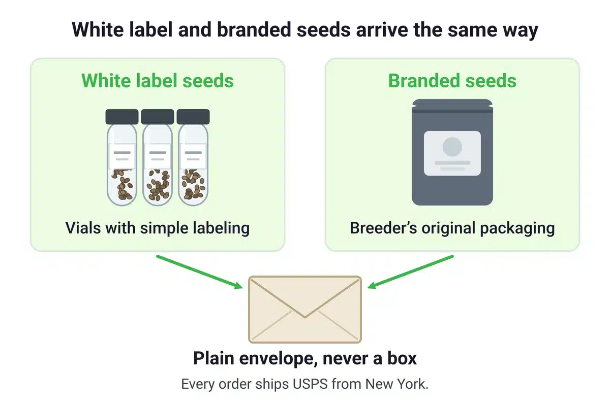 Diagram: white label seeds in vials with simple labels and branded seeds in breeder packs, both shipped in a plain envelope