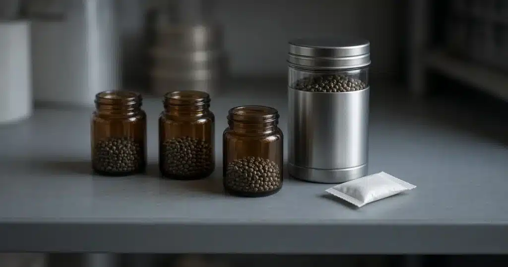 Amber glass jars and a metal canister of cannabis seeds on a dim pantry shelf beside a desiccant packet