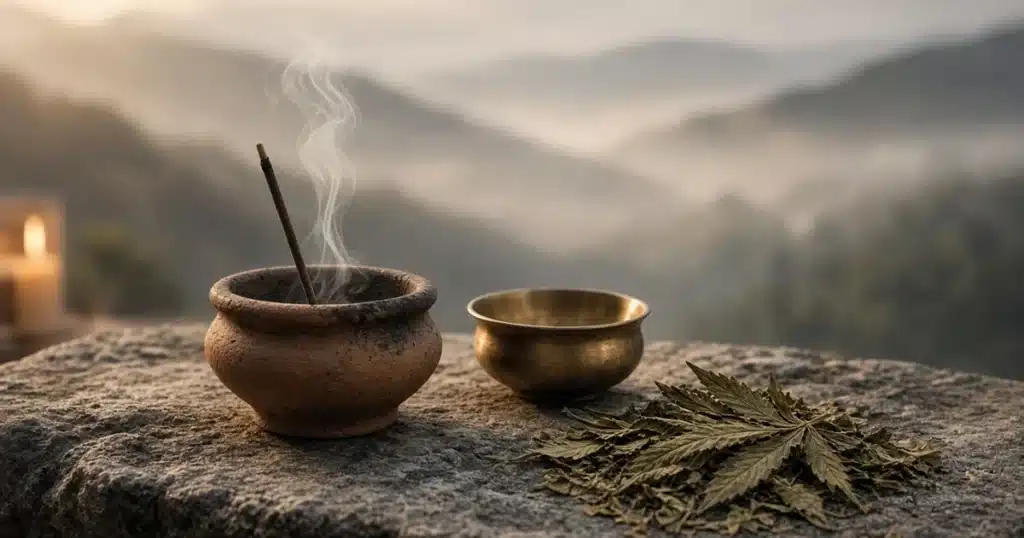 Clay incense bowl, brass bowl and dried cannabis leaves on a stone ledge before misty hills