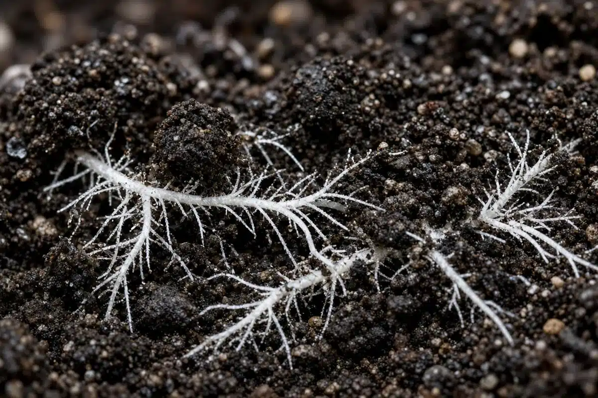 Fine cannabis roots in living soil where mycorrhizae grow