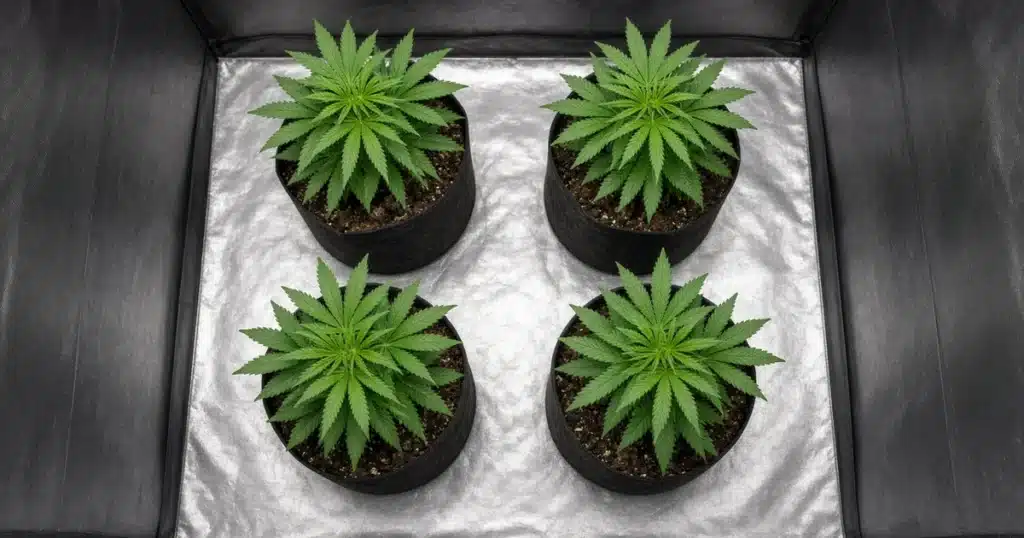 Top view of four evenly spaced cannabis plants in fabric pots on a reflective grow tent floor