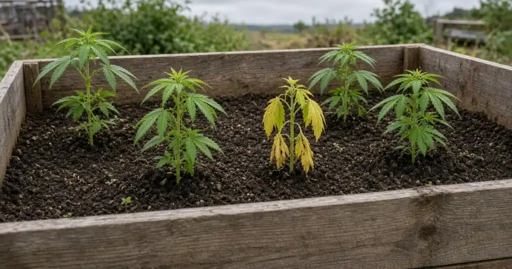 Outdoor cannabis bed with a plant showing verticillium wilt