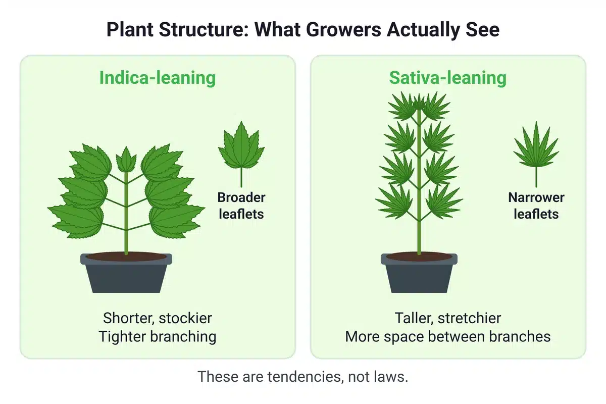 Diagram comparing a shorter indica-leaning plant with broad leaflets and a taller sativa-leaning plant with narrow leaflets