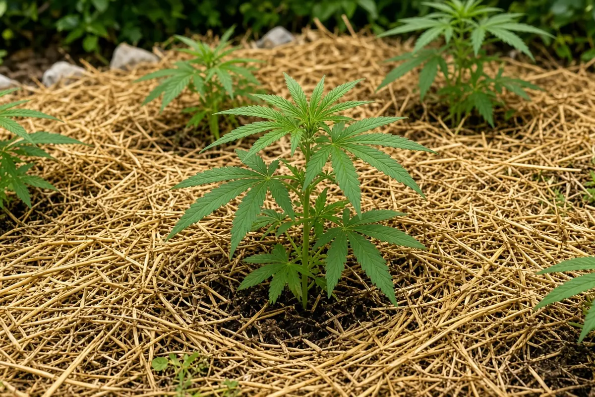 Mulched cannabis bed that protects soil fungi