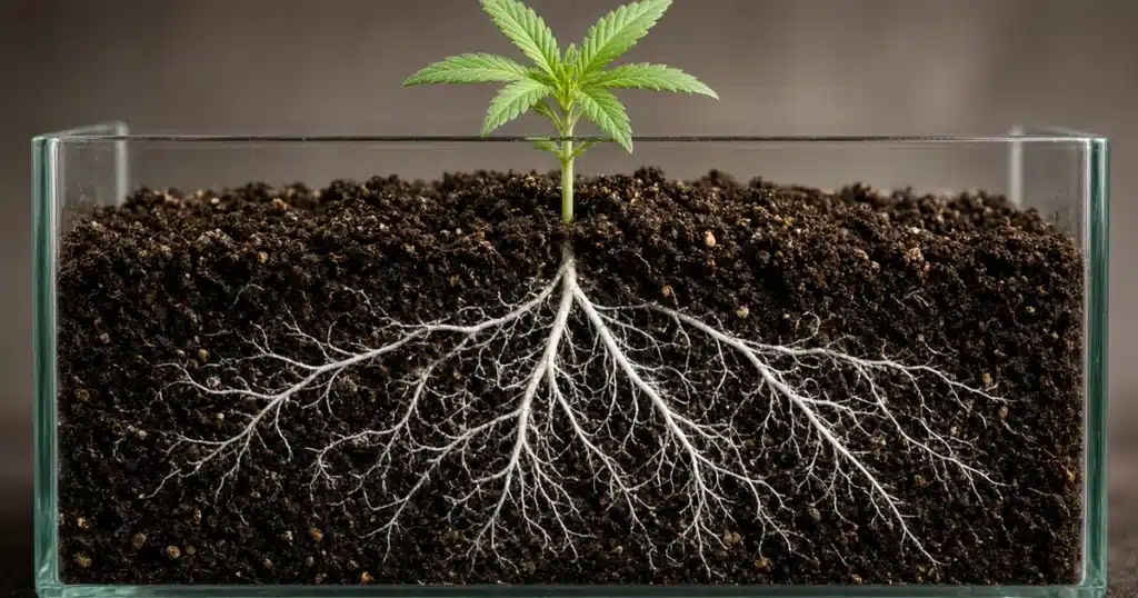 Cannabis roots and mycorrhizal fungi in soil