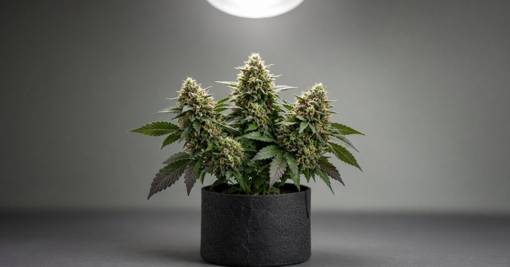 Bushy indica cannabis plant in flower indoors