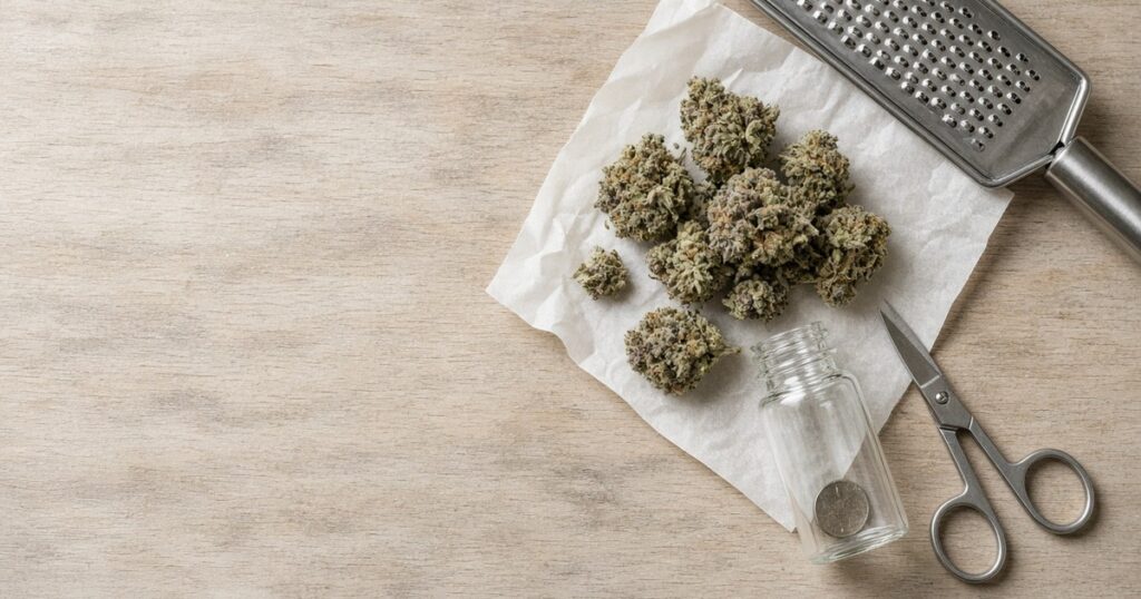 Cannabis buds next to household grinding tools flat lay
