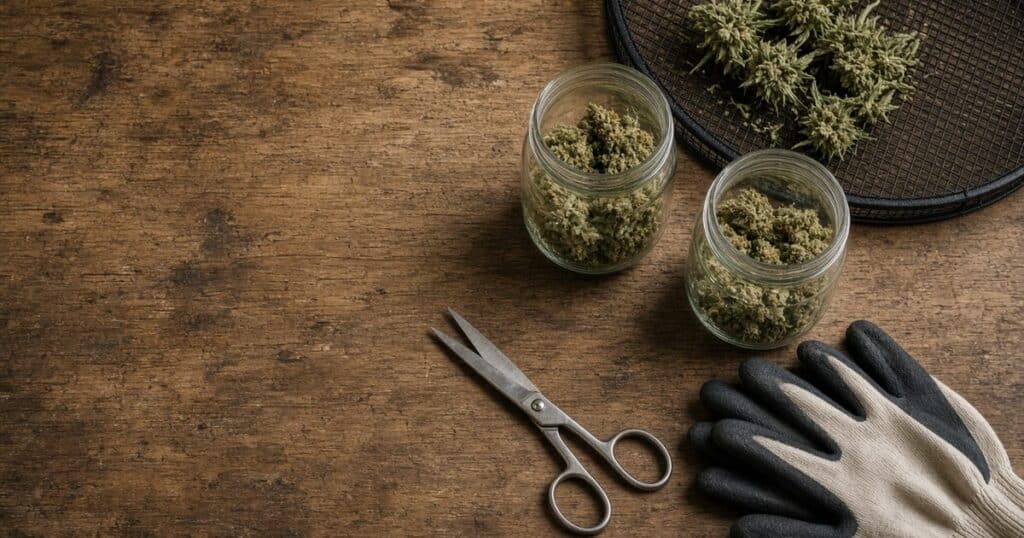 Cannabis harvest tools flat lay with scissors jars rack