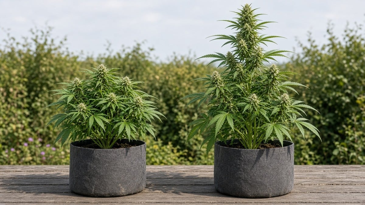 Compact autoflower plant beside a taller photoperiod plant.