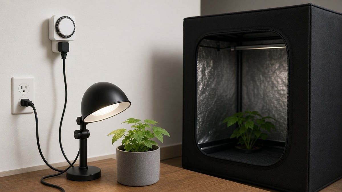 Grow light on a timer beside a small grow tent setup.
