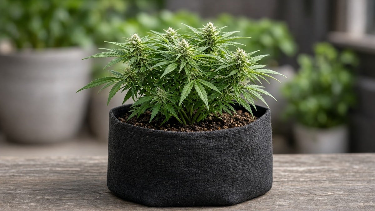Compact flowering autoflower cannabis plant in a fabric pot.
