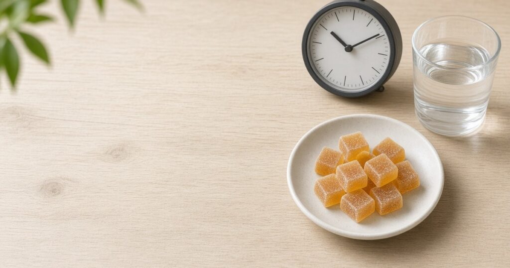 Cannabis gummies beside a clock and water glass calm setting