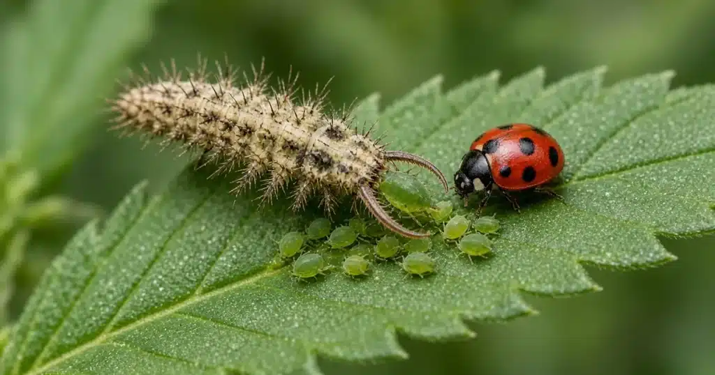Green lacewing larva and red lady beetle among green aphids on a cannabis leaf