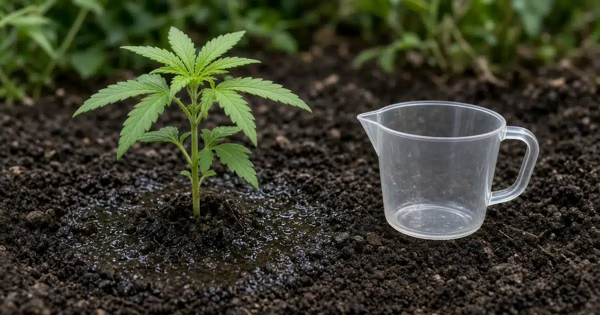 Young cannabis plant with a freshly watered drench ring at its base beside an empty clear measuring jug