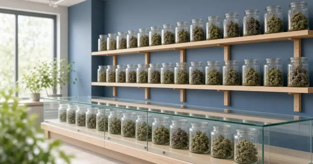 Bright cannabis shop interior with jars of flower on wooden shelves and a glass counter