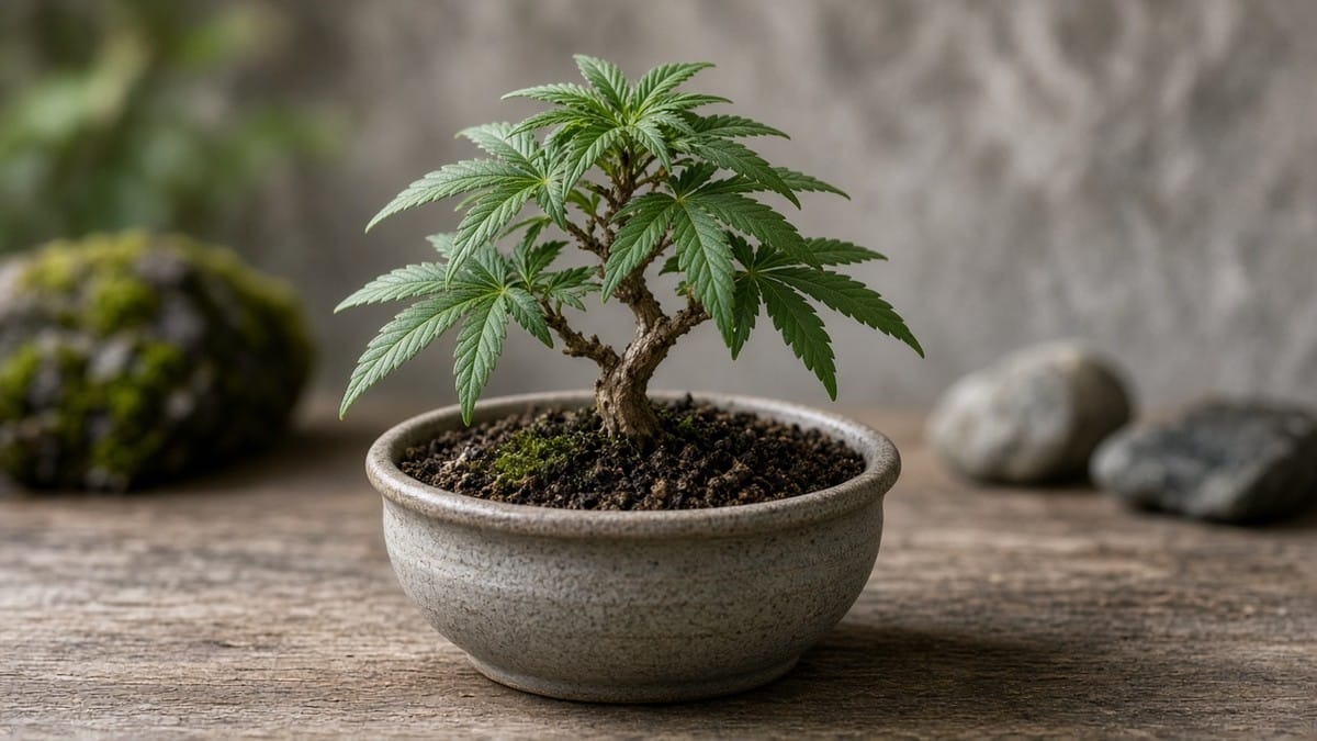 Small trained cannabis bonsai in a ceramic pot.