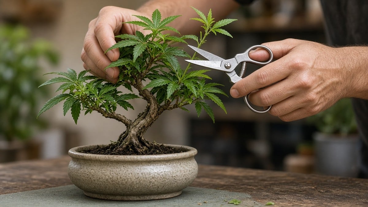 Hands pruning a cannabis bonsai with small shears.