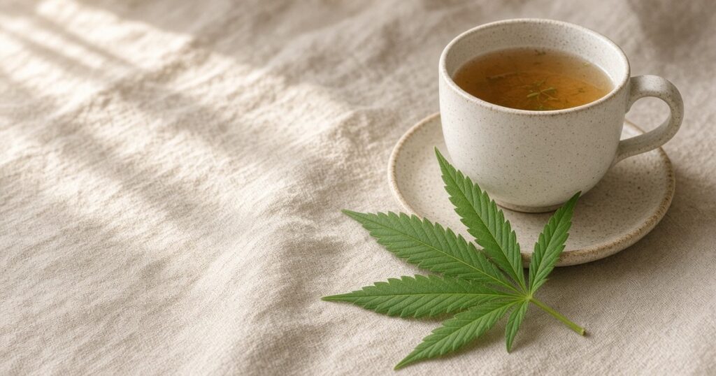 Calm wellness aesthetic with cannabis leaf (non-clinical)