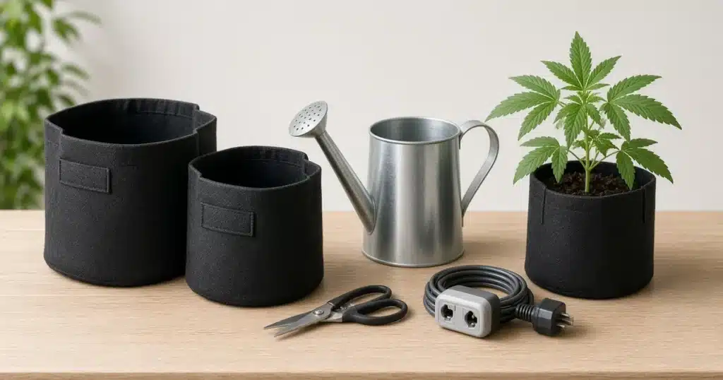 Cannabis growing supplies arranged on a bench