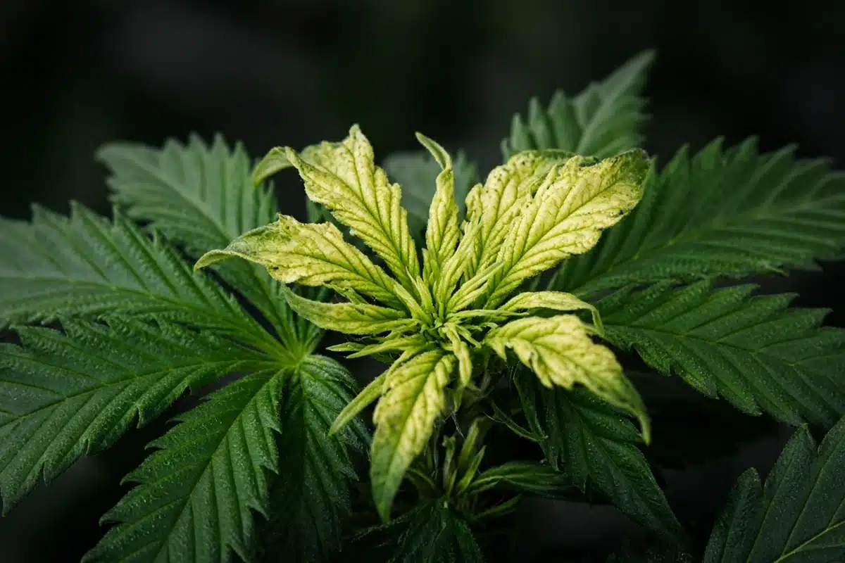 Cannabis tip with small narrow new leaves yellowing between veins