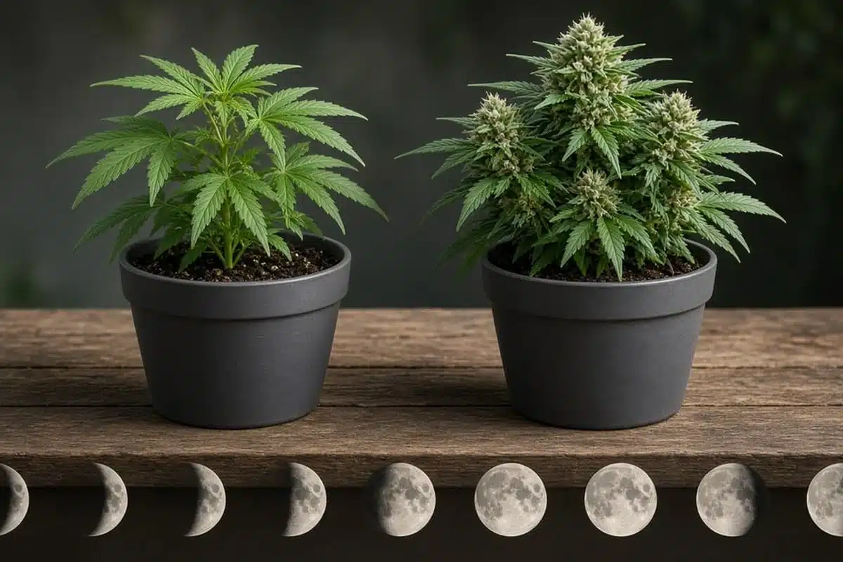 Cannabis veg plant beside flowering plant with moon phase cues.