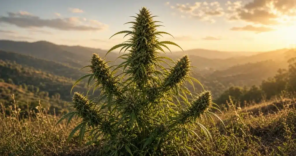 Tall golden-green sativa cannabis plant in late flower on a hillside at golden hour