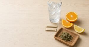 Glass of water, sugar-free gum and citrus slices next to a rolling tray