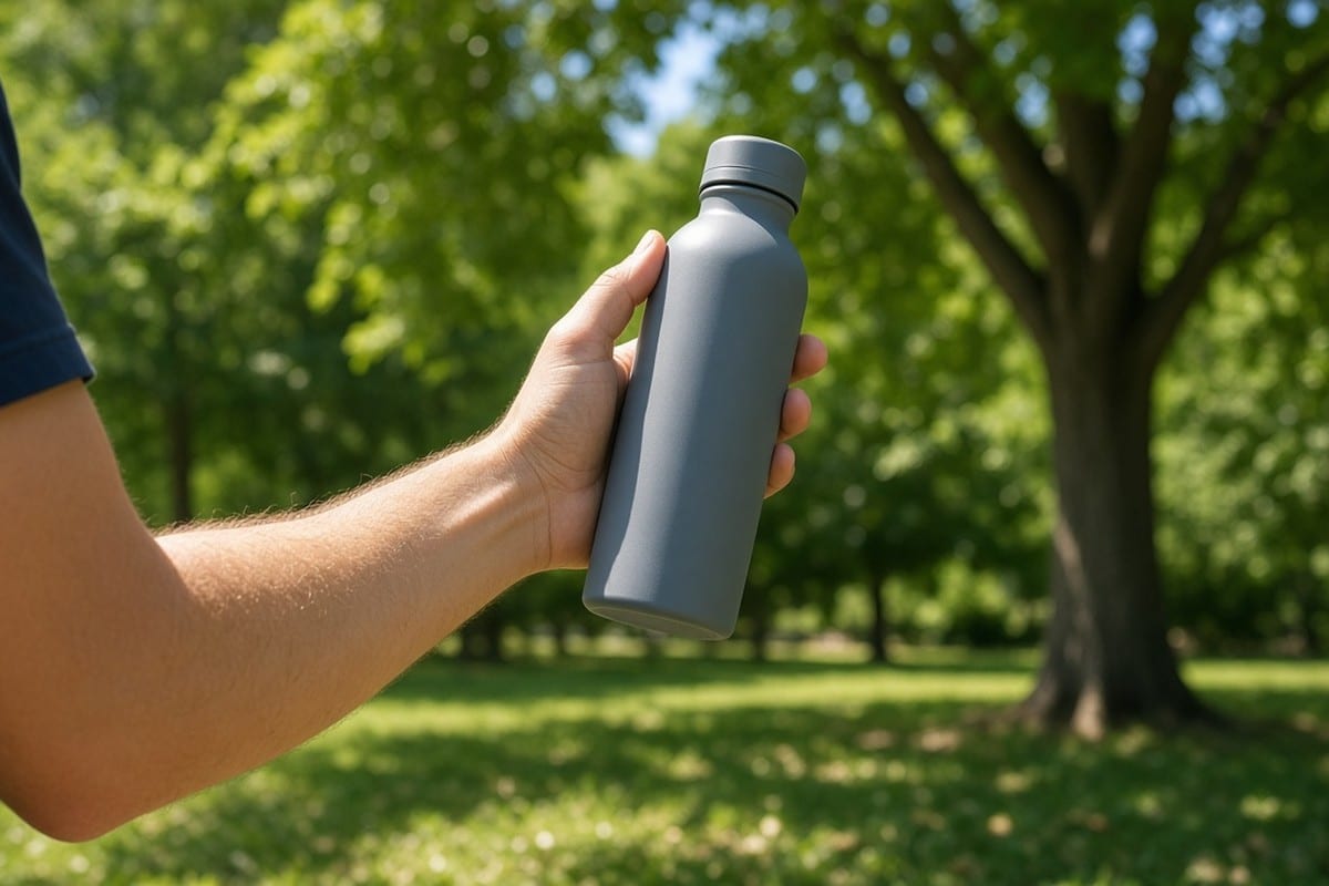 Person sipping water outdoors