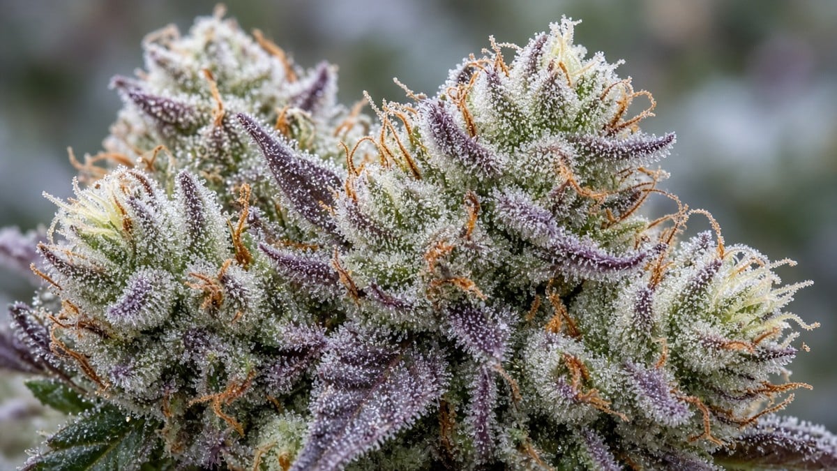 Mature frosty cannabis buds ready for harvest.